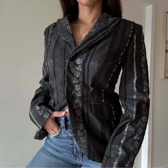 American Vintage Jackets & Blazers - Vintage Gothic Whimsigoth Black Satin Blazer with Silver Embroidery